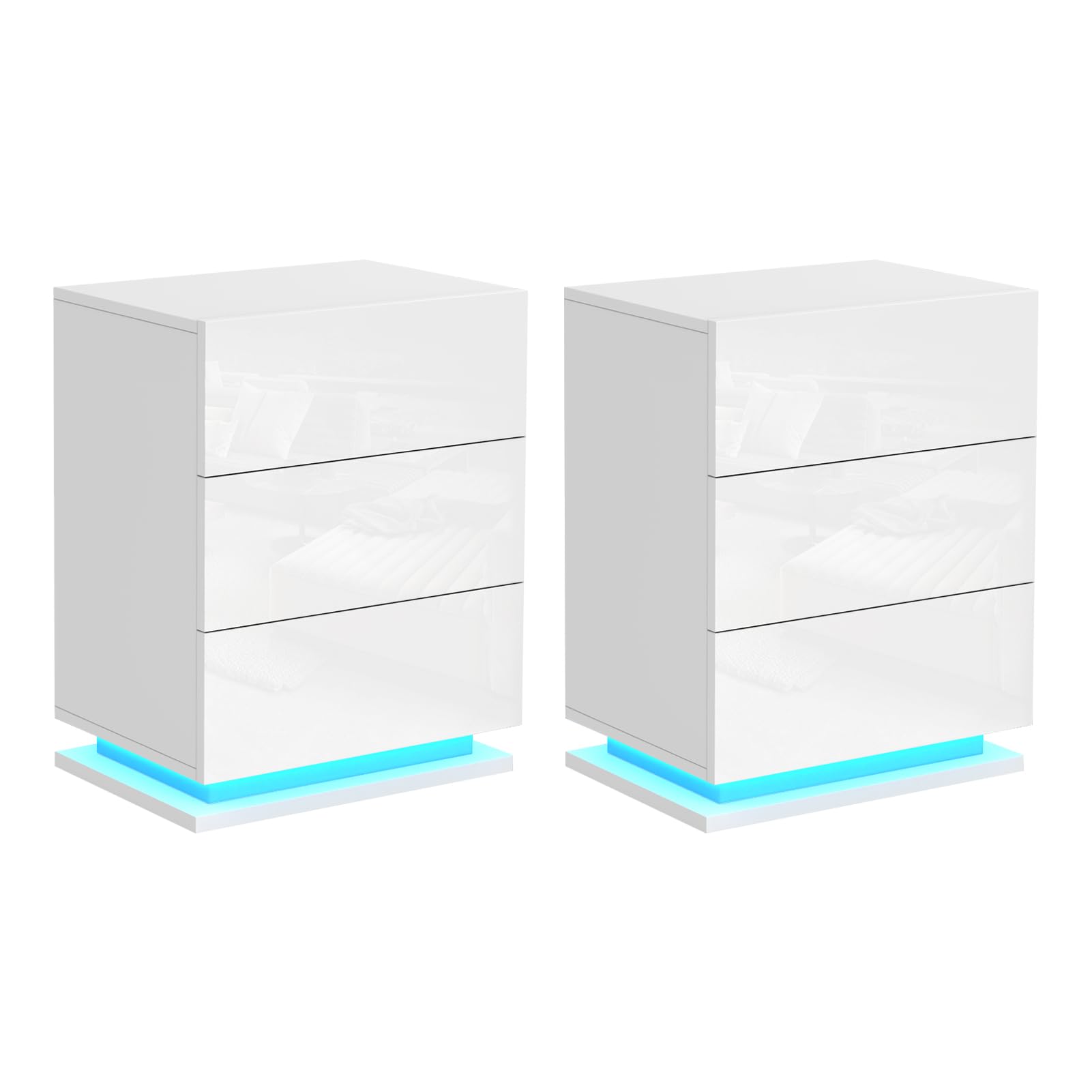 HaodaCulture Mesita Noche led, Juego de 2, Mesitas de Noche Blancas Pack 2, Mesillas de Noche Dormitorio, 3 cajones y 16 Colores LED, Mesa de Noche Parte Delantera Brillante 55x30x67.5 cm