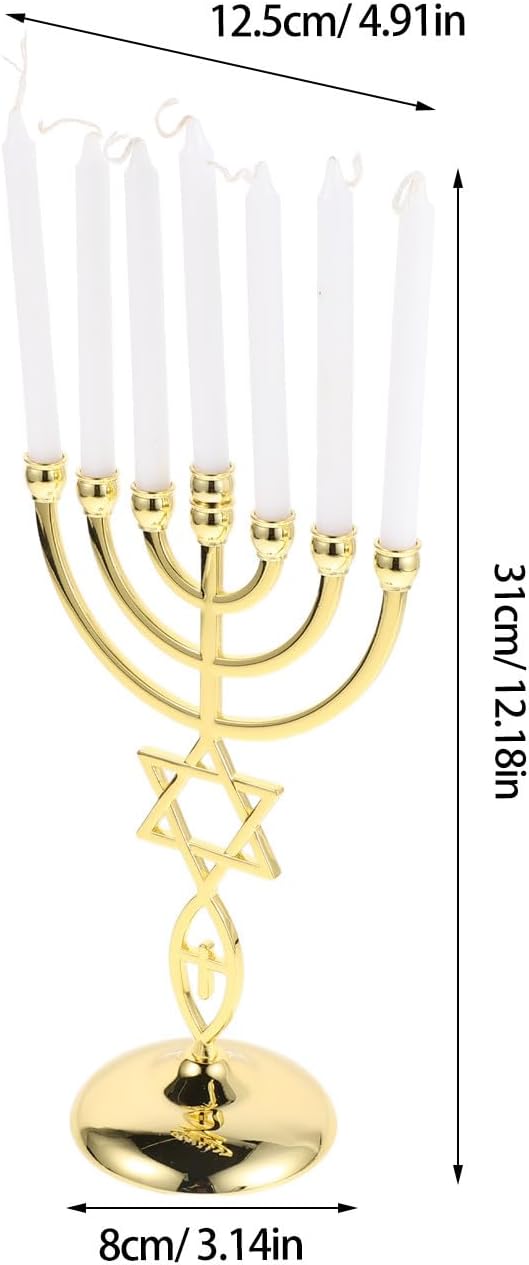 Generic 1 Set Gold Metal Religious Candelabra, 7 Branch Vintage Menorah Candle Holder for Jewish Holiday, Jerusalem Decorative Candlesticks with Candles