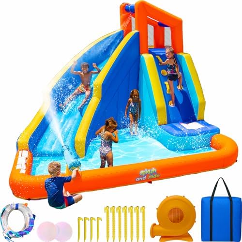 Sportspower Big Wave II Large Outdoor Inflatable Water Slide with Climbing Wall & Splash Pool, Heavy Duty, ASTM Certified, on 400W Blower