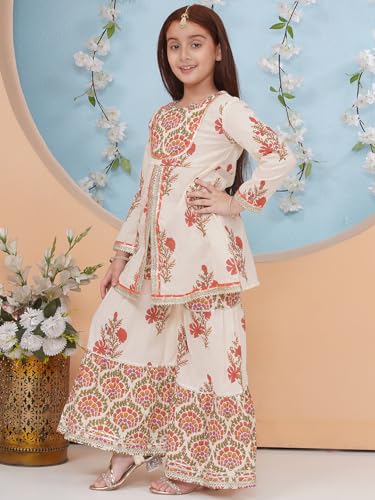 Image of Preneum Girls's Cotton Rayon Gota Pati Multi Floral Printed Angrakha Kurta with Sharara & Dupatta