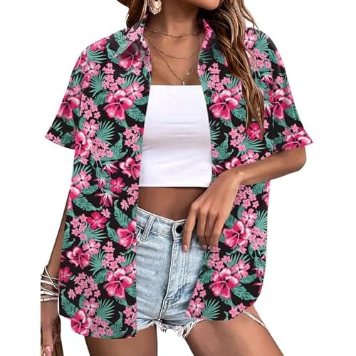 LOMON Women's Summer Hawaiian Shirts Floral Short Sleeve Button Down Shirts Hawaii Tropical Beach Tops Outfits Black Floral XX-Large