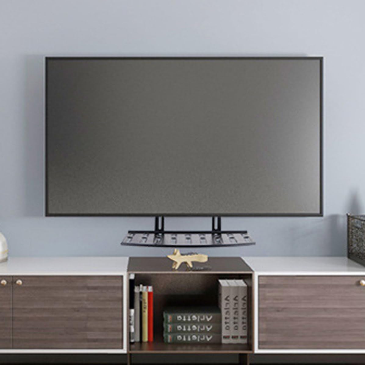 Estante de pared negro para TV y enrutador, acero laminado en frío, soporte sin perforaciones para espacios pequeños