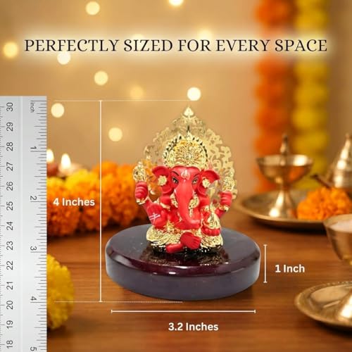 Image of Gold Plated Kalpavrikshya Tree Ganesh Idol Ganpati Murti for Car Dashboard, Office Desk, Hindu God Gift & Home Decor - Resin (Red) - 3 Inches - Pack of 1