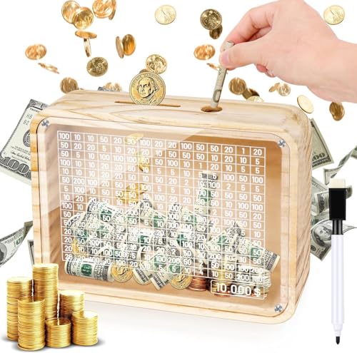 Homgaty Wooden Money Box Money Bank, Clear Countdown Money Saving Box with 10000 Dollars Target, Money Box with Money Target and Numbers to Check for Adults Kids Boys Girls