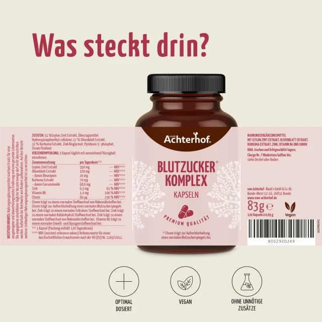 Blutzucker Komplex Kapseln (120 Kapseln) | mit Zink, Vitamin B6, Chrom und Pflanzenextrakten aus Ceylon Zimt, Olivenblatt und Kurkuma | für 120 Tage | vom Achterhof