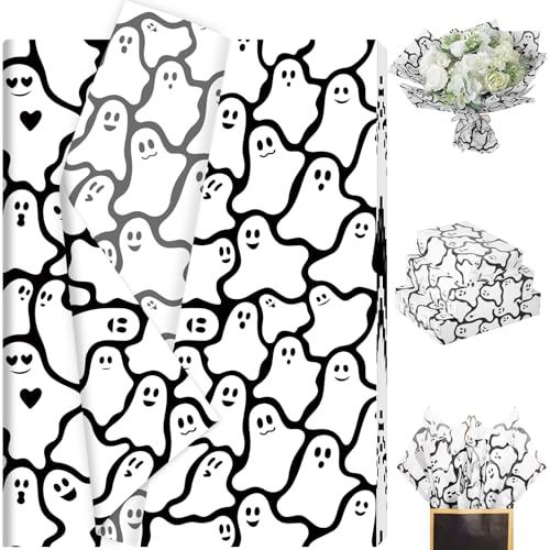 100 Sheets Spooky Ghost Tissue Paper Cute Ghost Seamless Pattern Wrapping Paper for Halloween Baby Shower DIY Crafts Trick & Treat Party Supplies 13.8 x 19.7 Inch