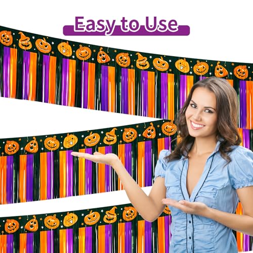 Image of 4 Packs 10 Feet Long Foil Fringe Halloween Garland Orange Purple Black Tinsel Metallic Streamers Pumpkin Wall Hanging Banner for Car Parade Floats Table Skirts Indoor Party Decorations