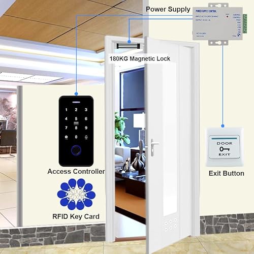 QTTYELOK Bluetooth Tuya Zutrittskontrollsystem Kit Wasserdicht RFID Tastatur Fingerabdruck Biometrie + 180KG/350lbs Elektrischer Magnetverschluss + 10pcs 13.56Mz Schlüsselanhänger