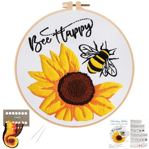 Image of Louise Maelys Embroidery Kits for Beginners,Cross Stitch Kit for Adults,DIY Needlepoint with Bee Sunflower Pattern-Bee Happy