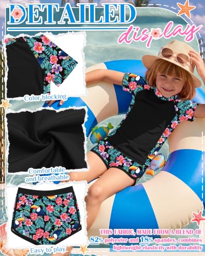 Image of Xaatren Girls 2 Piece Rash Guard Swimsuit | Quick Dry Bathing Suits, Short Sleeve Floral Beach Swimwear, Summer Tee and Boyshort Sets, Protection, Hawaiian, 7-16 Year