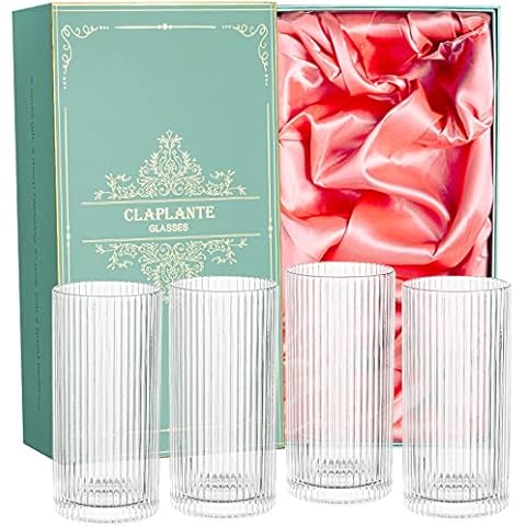 Vintage Drinking Glasses, Claplante Origami Style 4 pcs Glass Cups, Highball Glasses Gift Box Set, Elegant Ripple Glassware,Ribbed Glasses, Iced Coffee Glasses, Ideal for Cocktail, Whiskey, Juice Cover