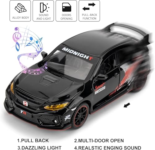 Image of 1:32 Civic Type R Toy Car Metal Diecast Pull Back with Sound Light & Openable Doors Kids Gifts Collectible Car Model Durable Toy for Boys & Girls (Black)