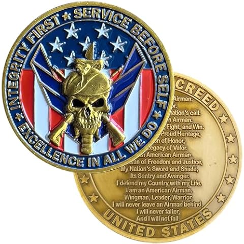 Air Force Challenge Coin with Skull Design and Airman's Creed Cover