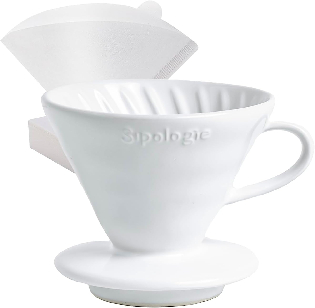 Sipologie Clarity Pour Over Coffee Maker, 50 Filter Papers Included - Brew Bright, Clean and Flavourful Coffee, High-Fired Durable Ceramic, Spiral Ridges for Even Extraction, 1 Cup