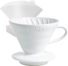 Sipologie Clarity Pour Over Coffee Maker, 50 Filter Papers Included - Brew Bright, Clean and Flavourful Coffee, High-Fired Durable Ceramic, Spiral Ridges for Even Extraction, 1 Cup