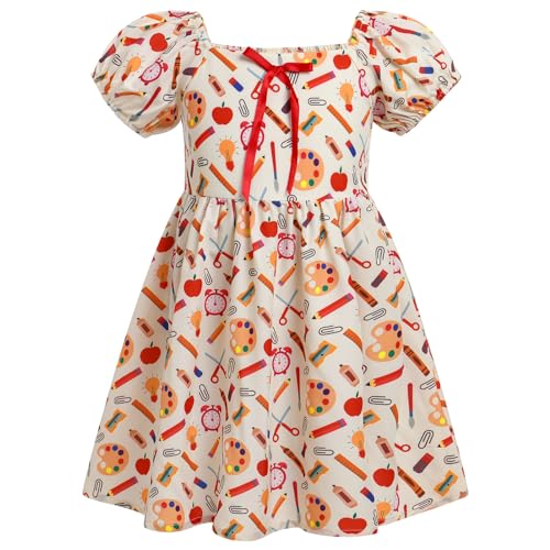 IMEKIS Toddler Kids Girls Back to School Dress Smocked Dress Pencil Print Kindergarten First Day of School Outfit 3-8T