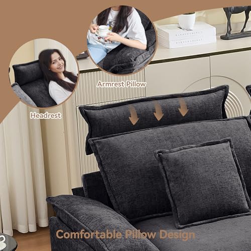 Image of 72'' Cloud Modern Loveseat Couch with Detachable Headrest, Modular Sectional Sofa Couch Deep Love Seat, Oversized 2 Seater Chenille Comfy Sofa with Armrests for Living Room, Dark Grey