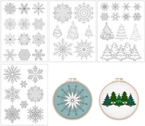 Water Soluble Embroidery Patterns Stabilizers - Rngmsi 4 Sheets Christmas Stick and Stitch Embroidery Paper Wash Away 39 Pcs Xmas Tree Snowflake Embroidery Transfer Paper Stabilizers for Hand Sewing