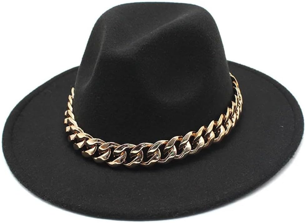 Women’S Spring Winter British Style Jazz Hat Big Chain Woolen Wide Brim Fedora Hat Men’S Retro Top Hat