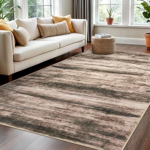 KOZYFLY Washable Area Rug 5x7 Modern Ombre Thin Rugs for Living Room Non-Slip Soft Striped Rug for Bedroom, Print Distressed Blush Brown Abstract Carpet for Laundry Kid Room