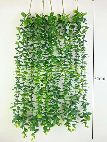 Image of CURATED CART Artificial Hanging Eucalyptus Vine - Pack of 1 with 5 Lush Green Stems, 74cm Long Faux Eucalyptus Garland for Indoor & Outdoor Home, Office, Wall & Shelf Decor - LightGreen