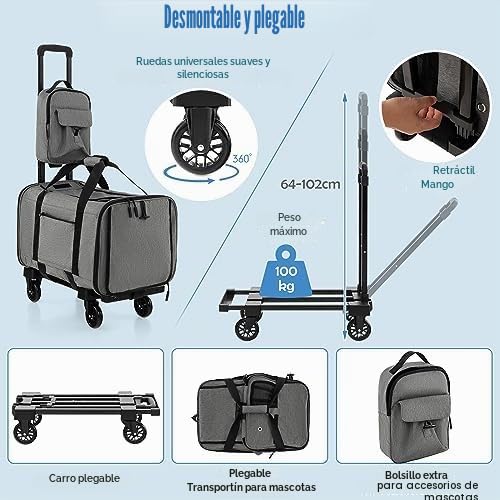 FANTASK Transportín portátil, bolsa de transporte con asa telescópica, ruedas y bolsillo pequeño, caja de viaje plegable para mascotas pequeñas y medianas