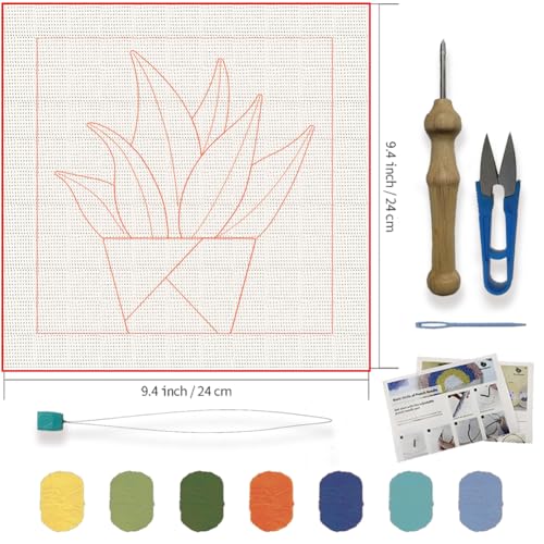 Image of FREEBLOSS Plants Punch Needle Embroidery Starter Kits for Adults Beginners, Framed Punch Embroidery Kit Include Instructions, Punch Needle Fabric with Potted Plants Pattern, Rug Punch Needle Kit