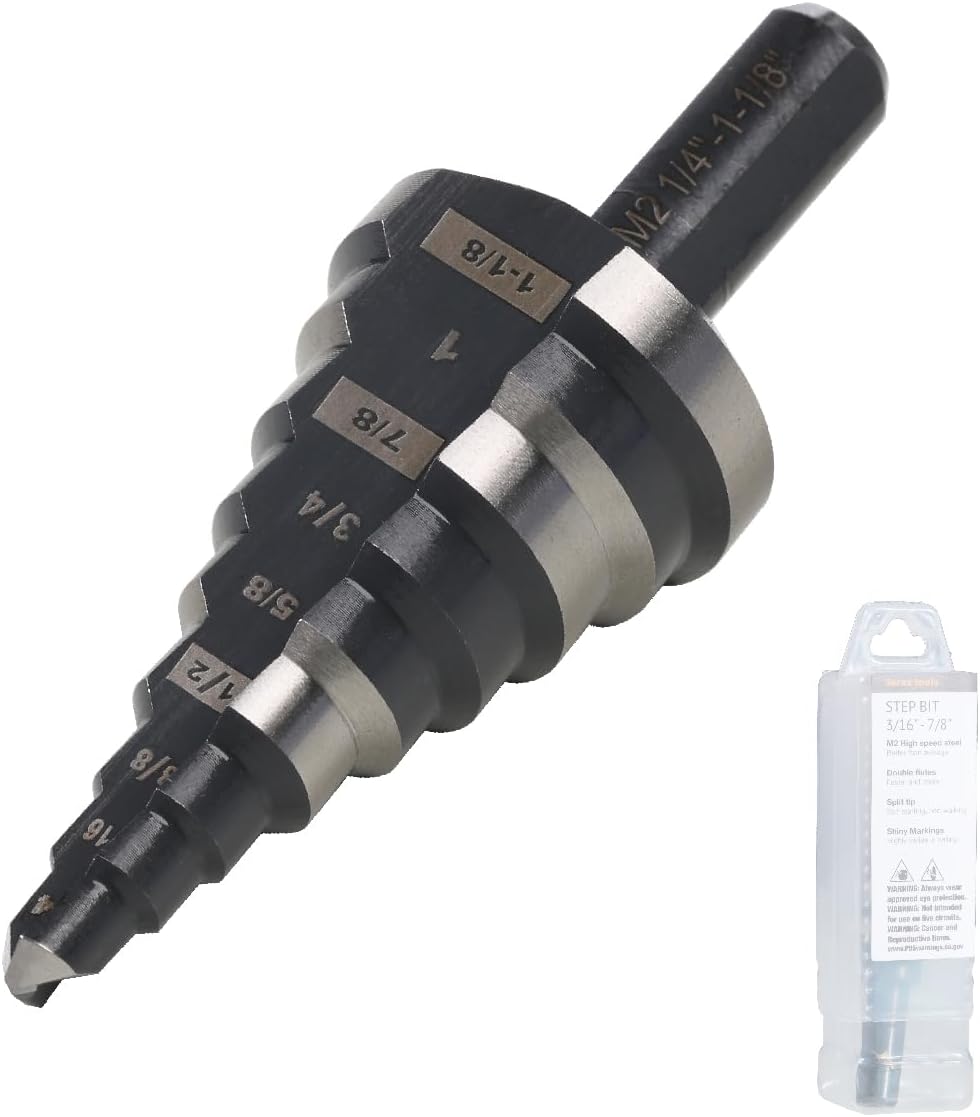 1/4 to 1-1/8 Step Drill Bit Straight Grooved Double Fluted, M2 High Speed Steel Drill bits for Hole Drilling in Stainless Steel, Copper, Aluminum, Wood, Plastic