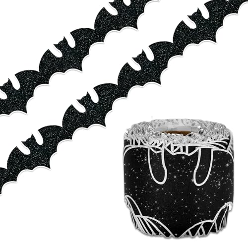 Image of Whaline 65.6Ft Halloween Bulletin Board Border Glitter Black Bat Die Cut Trim Border Roll for Spooky Chalkboard Wall Decor