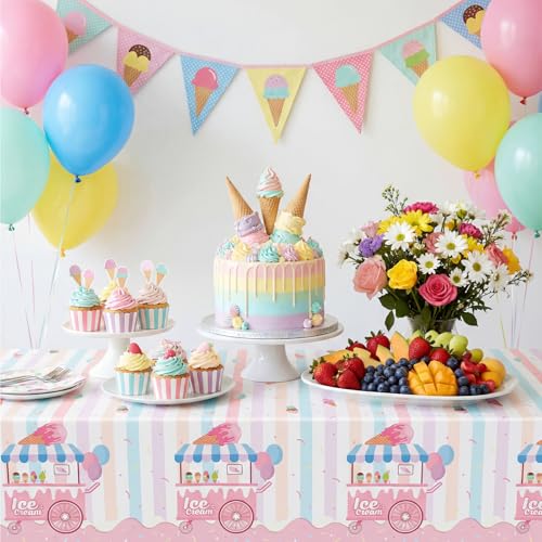 Image of NatNarr 3 Pack Ice Cream Tablecloths Party Decorations, 54 x 108 Inch Disposable Ice Cream Birthday Themed Table Cloth Waterproof Rectangle Party Table Cover for Kids Sweet One Birthday Baby Shower