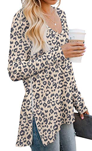 PrinStory Damen-Pullover mit V-Ausschnitt, lange Ärmel, leicht, seitlicher Reißverschluss, geteilter Pullover, Goldfarbener Leopard, 46 Cover