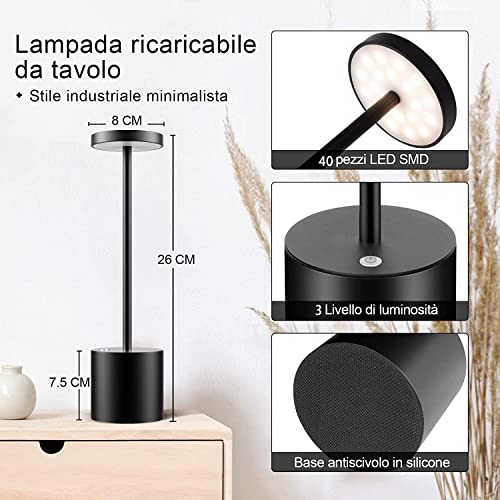 HYMZP Lámpara de Mesa Inalámbrica, Lámpara de Mesa LED Recargable de 5000mAh,Regulable, Lámpara de Metal, Para el Comedor, el dormitorio, el exterior （Negro - imagen 2