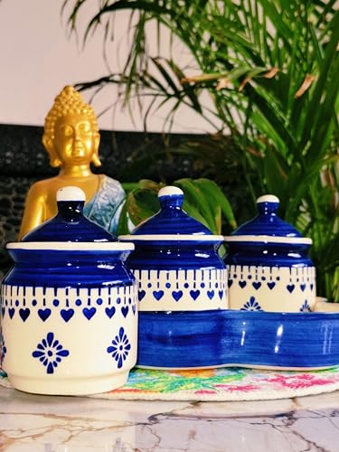 Image of Niyara Multipurpose Storage Ceramic Pickle set Jars with Lid & tray (Set of 4, 300 ml) (Blue)