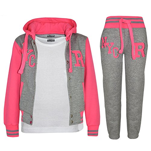 A2Z 4 Kids Enfants Filles Garçons Baseball Survêtement NYC FOX Veste & Pantalons - T.S Baseball NYC Grey & Neon Pink 7-8