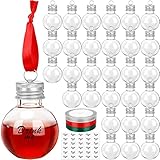 KaKaPops 30 Pieces Christmas Booze Balls, Christmas Tree Hanging Ornaments Clear Plastic Fillable Bulbs Pendant Ball with Screw Caps and Ribbons for Christmas Home Party Decor