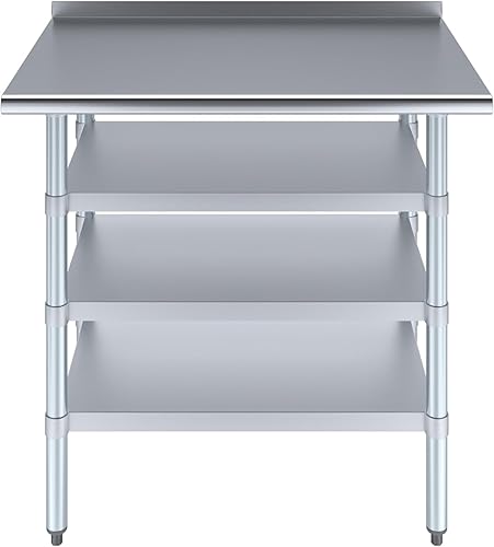 Miniatura 2 de Mesa de trabajo de acero inoxidable con protector contra salpicaduras de 1.5 pulgadas y 3 estantes, mesa de metal para preparación de alimentos de