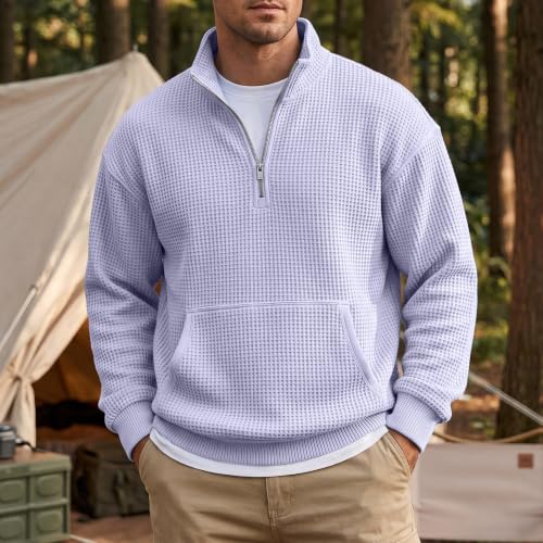 Waffle Quarter Zip Pullover Men Oversized Mock Neck Sweatshirt with Pockets — view 4