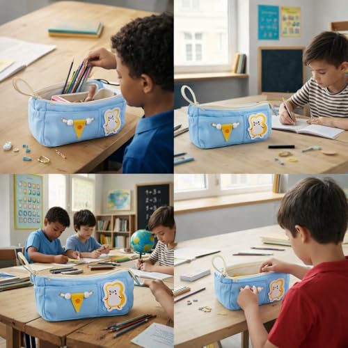 Image of Canvas School Bag Pencil Case, 3 Layer 6 Compartment Large Capacity, Aesthetic Pencil Pouch for Stationary, Cute Stationery for Kids, Pencil Case for Girls & Boys (Sky Blue)