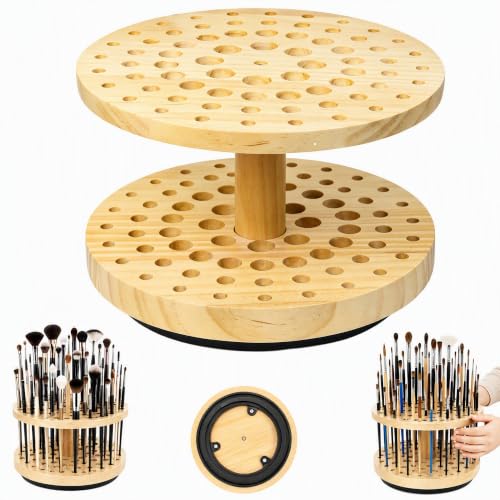 Image of 360 Rotating Hardwood Paint Brush Holder, 72‑Hole Organizer