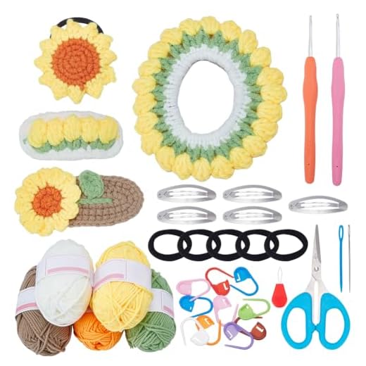 WEBEEDY 6 conjuntos de clipes de cabelo de girassol com tutoriais em vídeo passo a passo, kits de tricô de laços de cabelo florais para crochê e tricô, acessórios de decoração, presentes fofos de