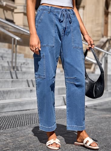 Dokotoo Jeans for Women Casual High Waisted Straight Wide Leg Pants Loose Cargo Denim Pants with Pockets4