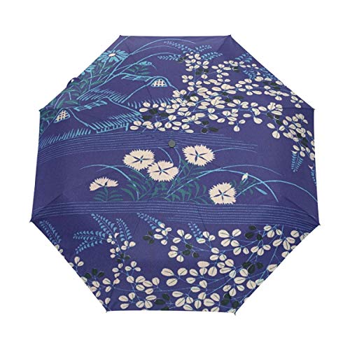 Parapluie pliant automatique motif fleur bleue japonaise avec protection UV et baleines coupe-vent