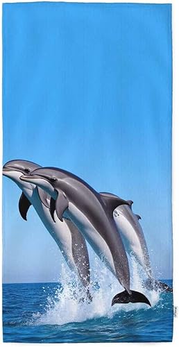 oFloral Toallas de mano de algodón para la familia, diseño de delfines saltando desde el mar, cielo azul, cómodas, superabsorbentes, suaves, para