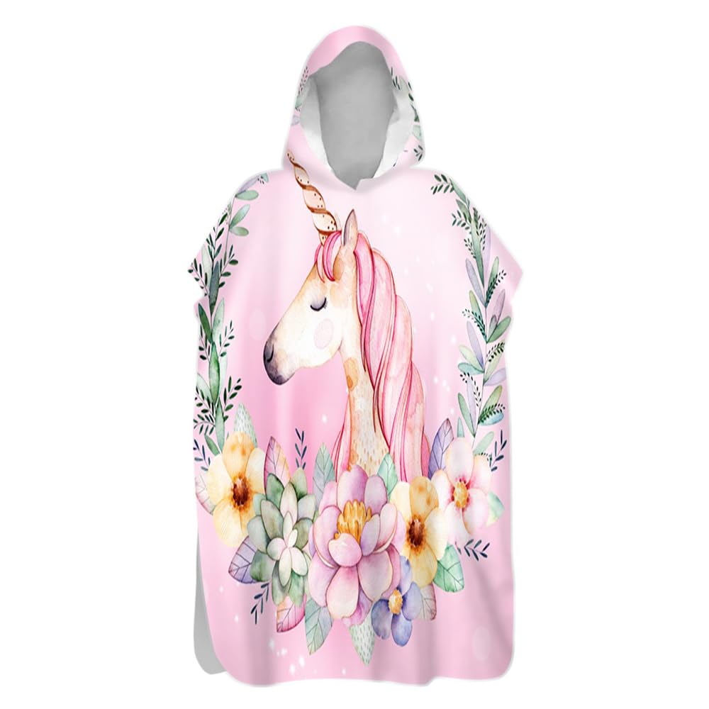 Highdi Hooded Changing Robe, Microfibre Light Weight Changing Towel, Towel Poncho for Surfing Swimming Beach Changing, Quick Dry Poncho for Women Men Adults (75x145cm,unicorn theme 1)