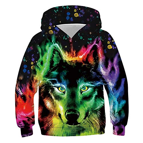 Boys Girls Wolf Hoodie Color Graffiti Print Long Sleeve Hooded Sweatshirt Autumn Winter Hoody Pullover Jumper
