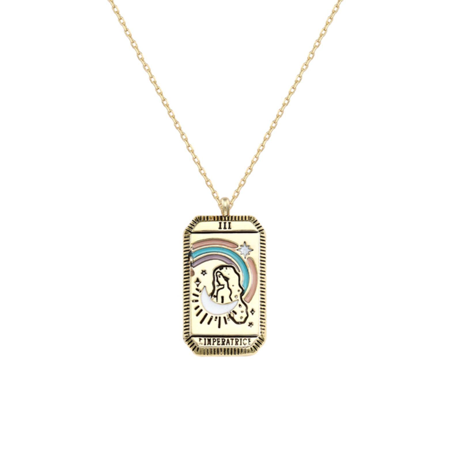 QIN 2021 Creative Girl's Colorful Enamel Tarot Card Pendant Necklace Gold Platd Square Moon Sun World Love Power Couple Necklace