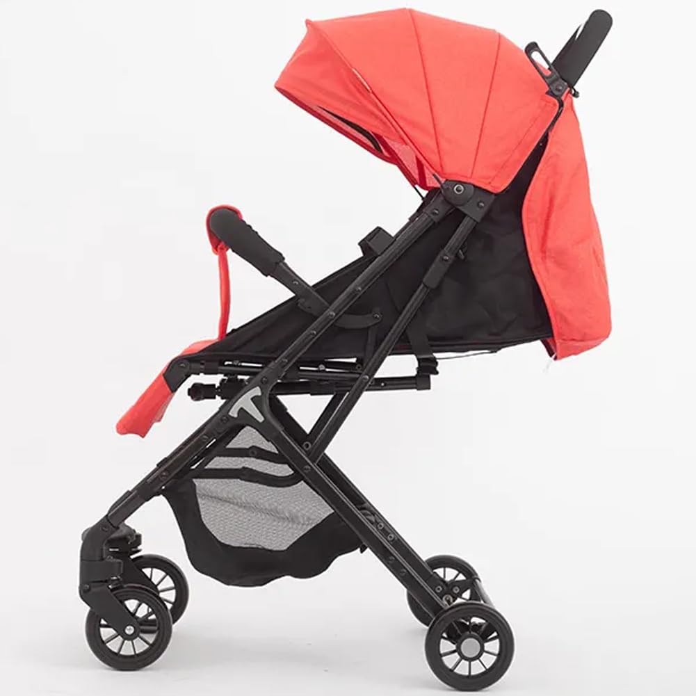 BAKAJI Passeggino Pro Ultra Leggero con Chiusura Facilitata Portata Massima 15 kg, Schienale Reclinabile con Cintura di Sicurezza a 5 Punti, Pieghevole con Una Mano, Salvaspazio (Rosso)