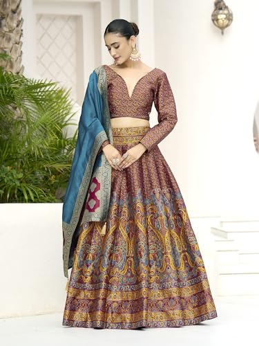 Image of PURVAJA Women's Kanjiwaram Semi-Stitched Lehenga choli