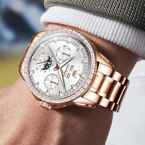 Image of OLEVS Automatic Men Watch Self Winding Mechanical Luxury Dress Moon Phase Stainless Steel Waterproof Luminous Calendar Wrist Watch