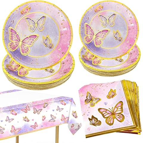 Chinthie Butterfly Party Decorations,Butterfly Plates and Napkins Tableware Set for 10 Guests Birthday Party and Girl Baby Shower Butterfly Theme Party Decorations with Butterfly Tablecloth Plastic Cover